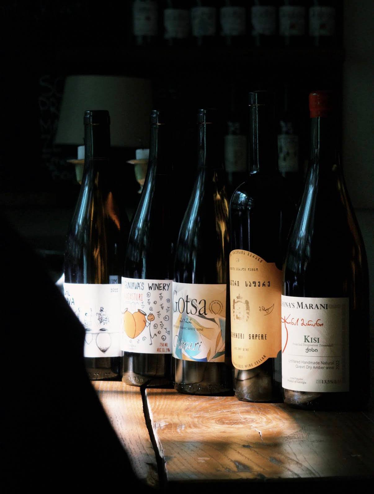 Natural Georgian wine bottles at MIDI Wine Bar in Batumi